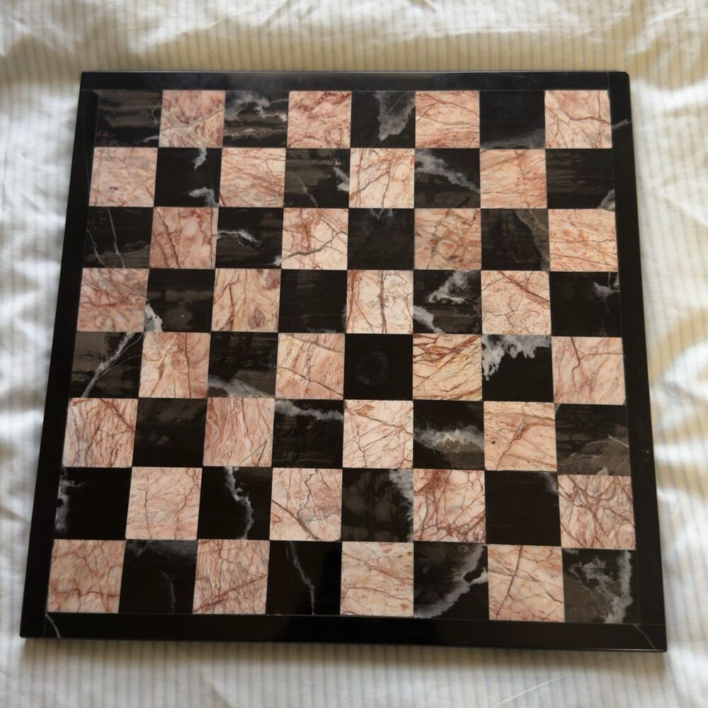 Vintage Hand Carved Mexican Pink & Black Onyx Marble Chess Board